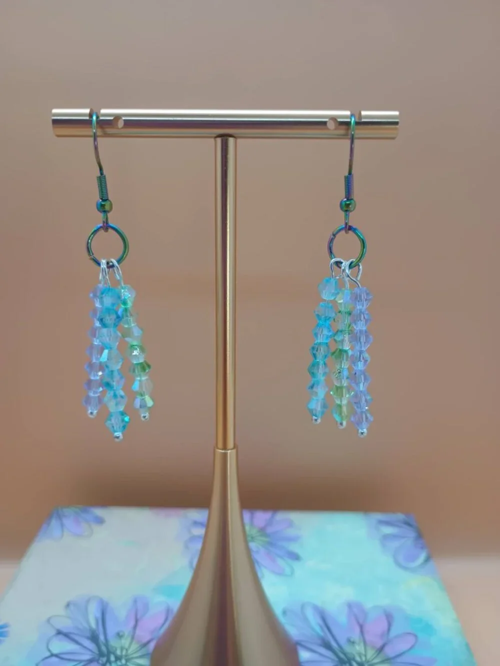 Tri-Color Glass Bicone Bead Fringe Dangle Earrings - Picture 4 of 5